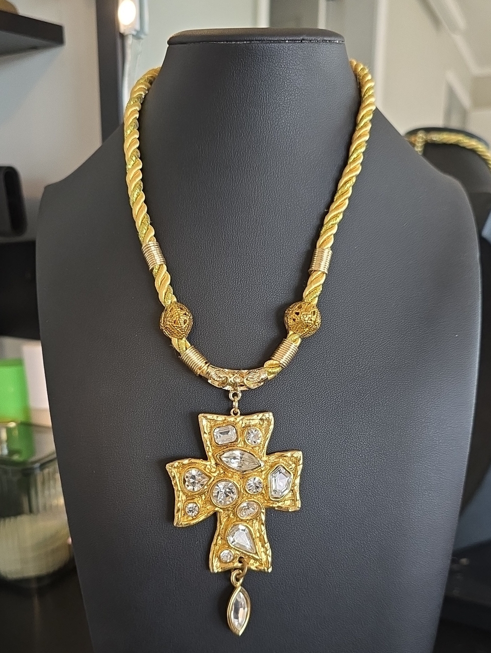Gold-Tone Cross Pendant Necklace with Clear Crystal Accents (A)